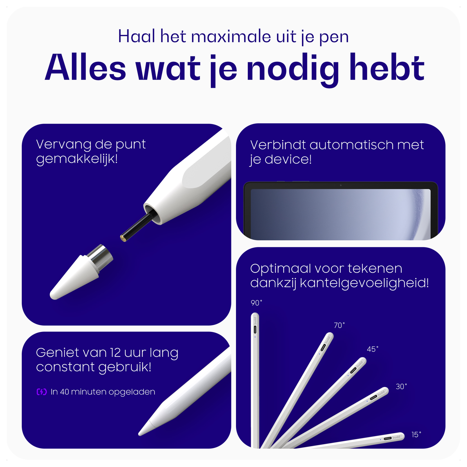 Buddi Flow 2 Universele Stylus Pen voor Android en iPad Wit afbeelding 6