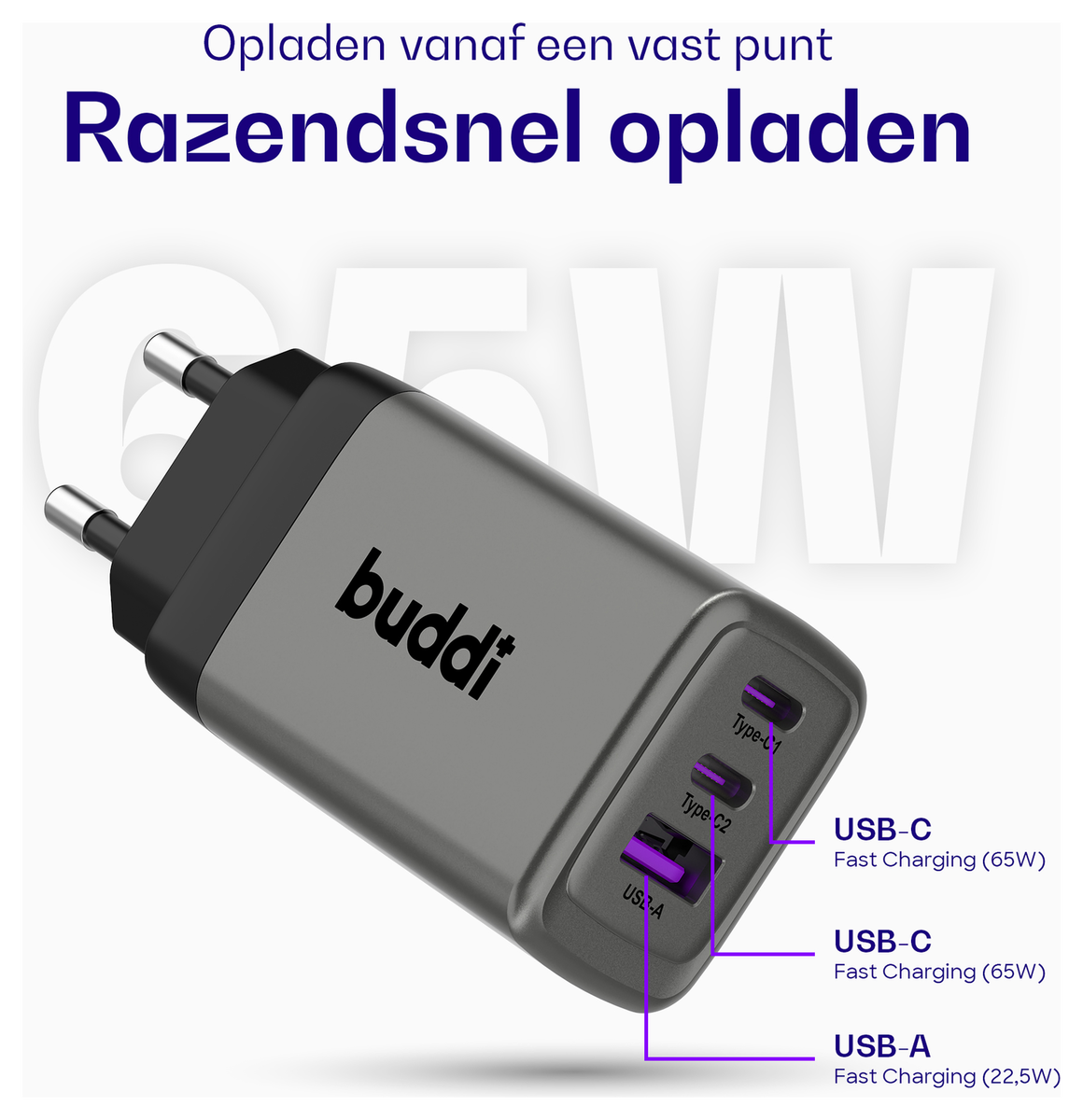 Buddi Power 65W 2x USB-C + USB-A Oplader met USB-C Kabel 1M Grijs afbeelding 3