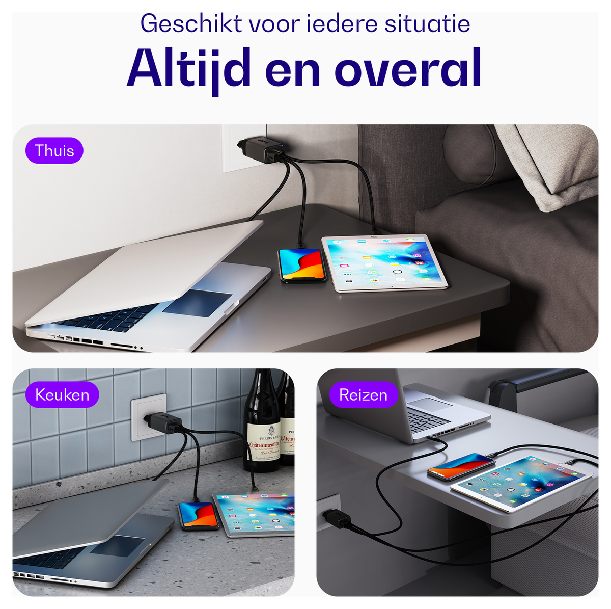 Buddi Power 65W 2x USB-C + USB-A Oplader met USB-C Kabel 1M Grijs afbeelding 5