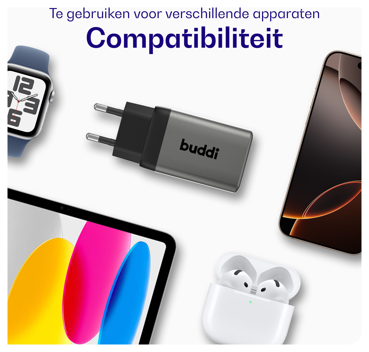 Buddi Power 65W 2x USB-C + USB-A Oplader met USB-C Kabel 1M Grijs afbeelding 6