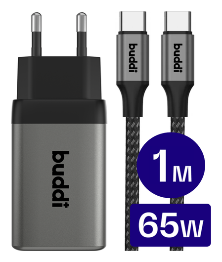Buddi Power 65W 2x USB-C + USB-A Oplader met USB-C Kabel 1M Grijs afbeelding 1