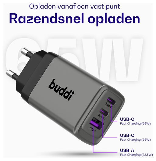 Buddi Power 65W 2x USB-C + USB-A Oplader met USB-C Kabel 1M Grijs afbeelding 3