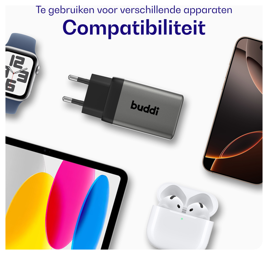 Buddi Power 65W 2x USB-C + USB-A Oplader met USB-C Kabel 1M Grijs afbeelding 6