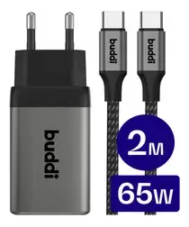 Buddi Power 65W 2x USB-C + USB-A Oplader met USB-C Kabel 2M Grijs afbeelding