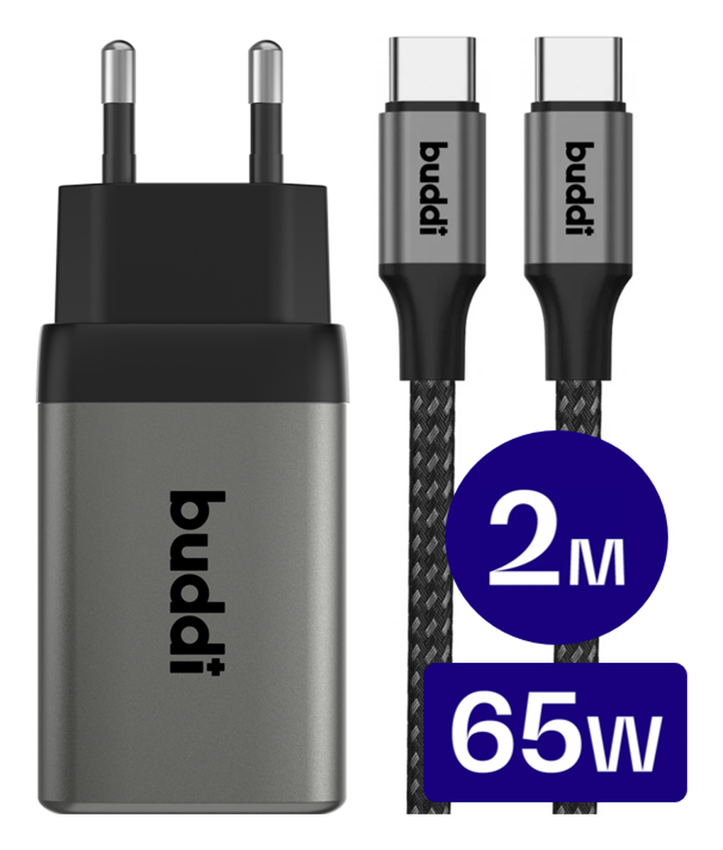 Buddi Power 65W 2x USB-C + USB-A Oplader met USB-C Kabel 2M Grijs afbeelding 1