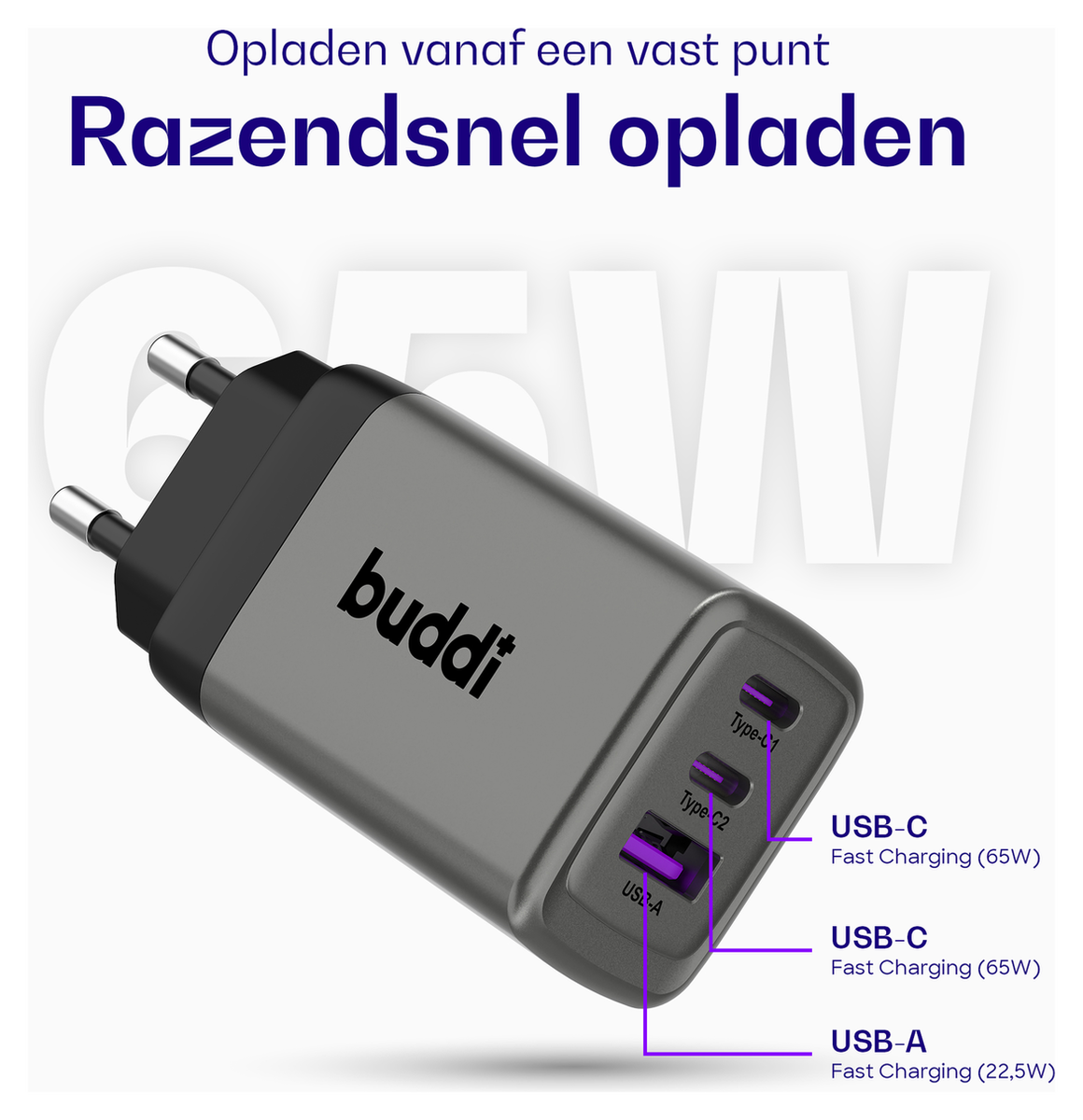 Buddi Power 65W 2x USB-C + USB-A Oplader met USB-C Kabel 2M Grijs afbeelding 3