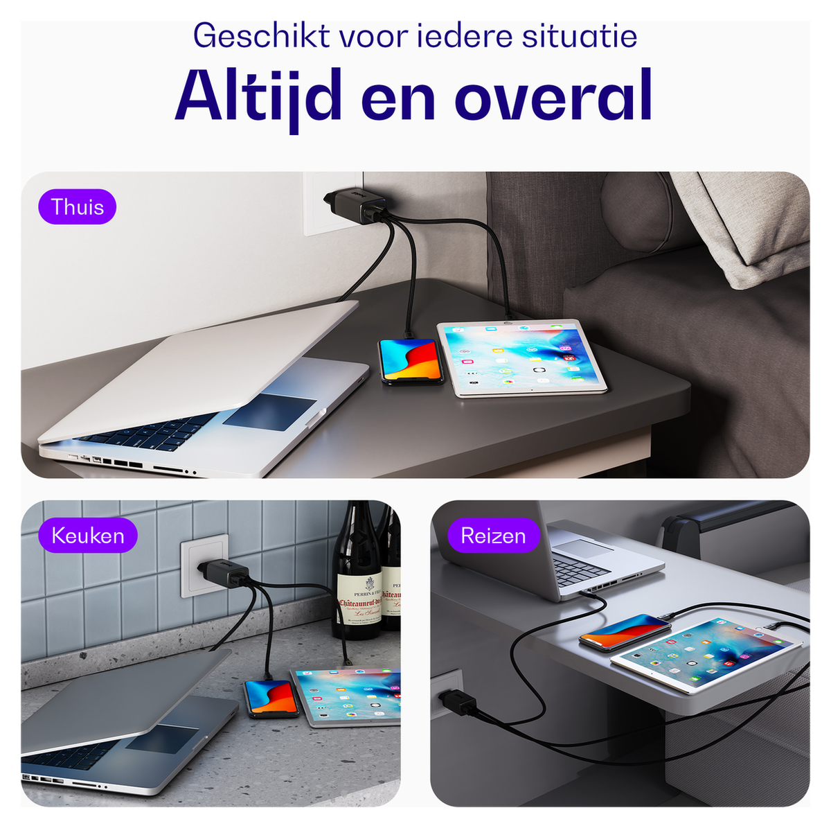 Buddi Power 65W 2x USB-C + USB-A Oplader met USB-C Kabel 2M Grijs afbeelding 5