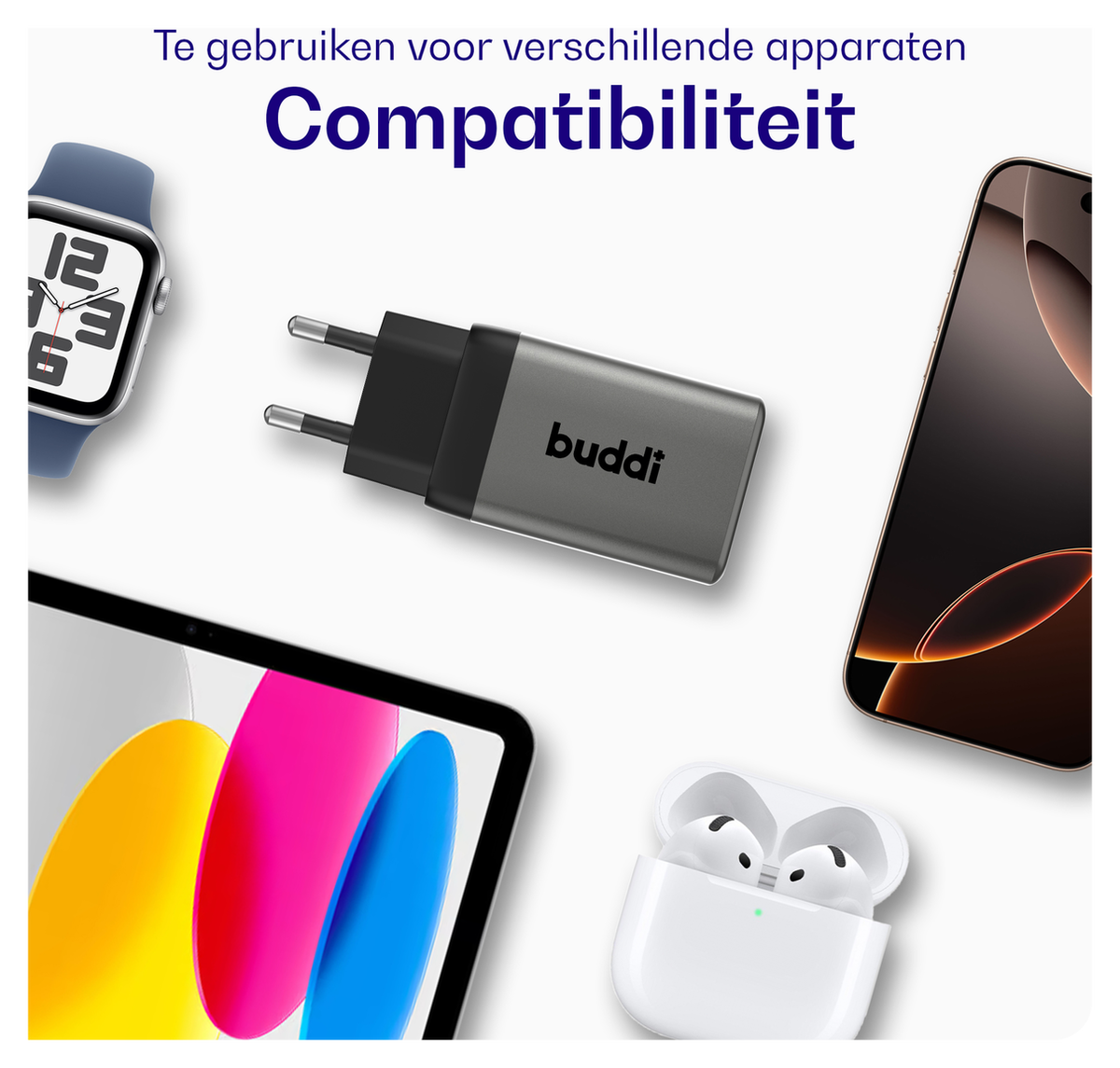 Buddi Power 65W 2x USB-C + USB-A Oplader met USB-C Kabel 2M Grijs afbeelding 6