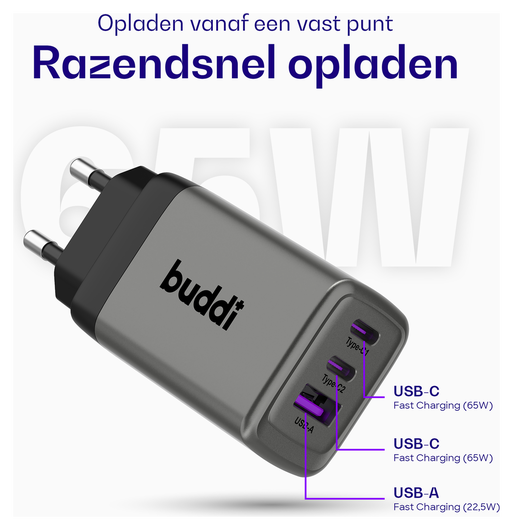 Buddi Power 65W 2x USB-C + USB-A Oplader met USB-C Kabel 3M Grijs afbeelding 3