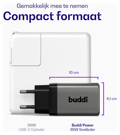 Buddi Power 65W 2x USB-C + USB-A Oplader met USB-C Kabel 3M Grijs afbeelding 4
