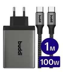 Buddi Power 100W 2x USB-C + USB-A Oplader met USB-C Kabel 1M Grijs afbeelding