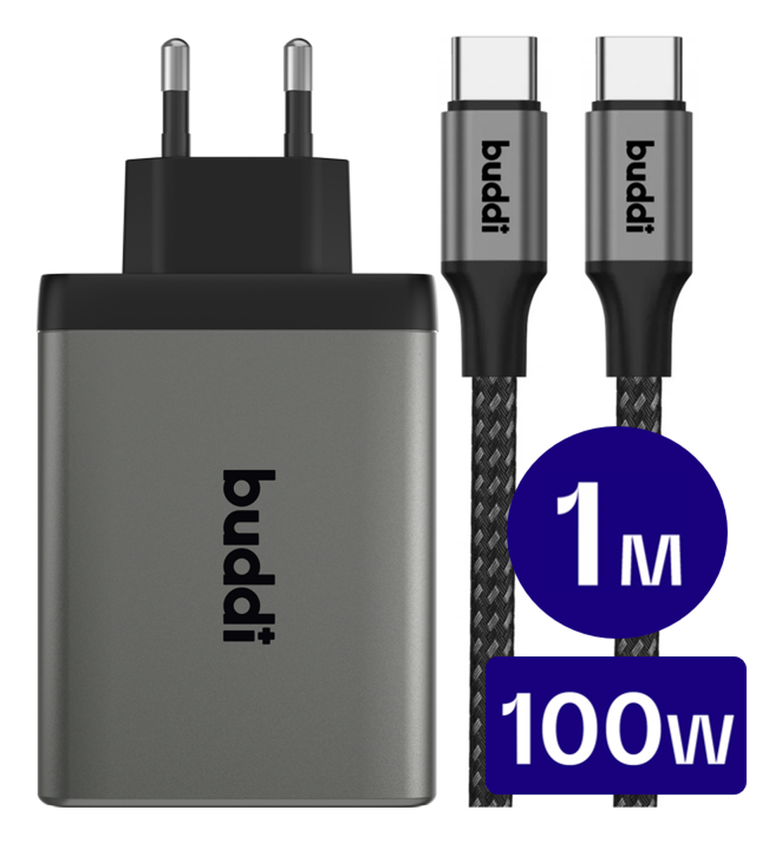 Buddi Power 100W 2x USB-C + USB-A Oplader met USB-C Kabel 1M Grijs afbeelding 1