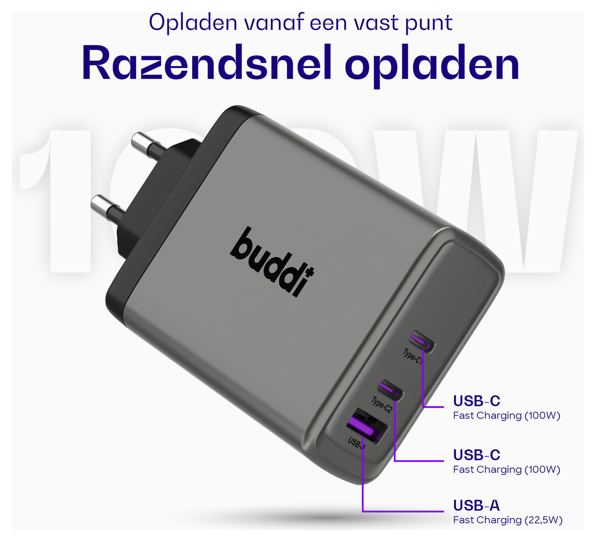 Buddi Power 100W 2x USB-C + USB-A Oplader met USB-C Kabel 1M Grijs afbeelding 3