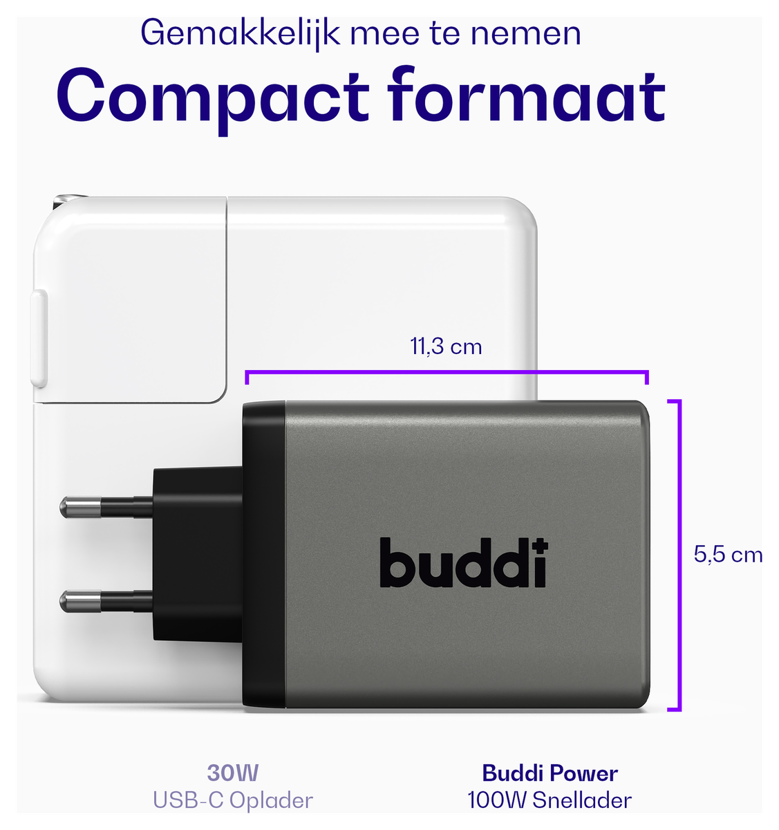 Buddi Power 100W 2x USB-C + USB-A Oplader met USB-C Kabel 1M Grijs afbeelding 4