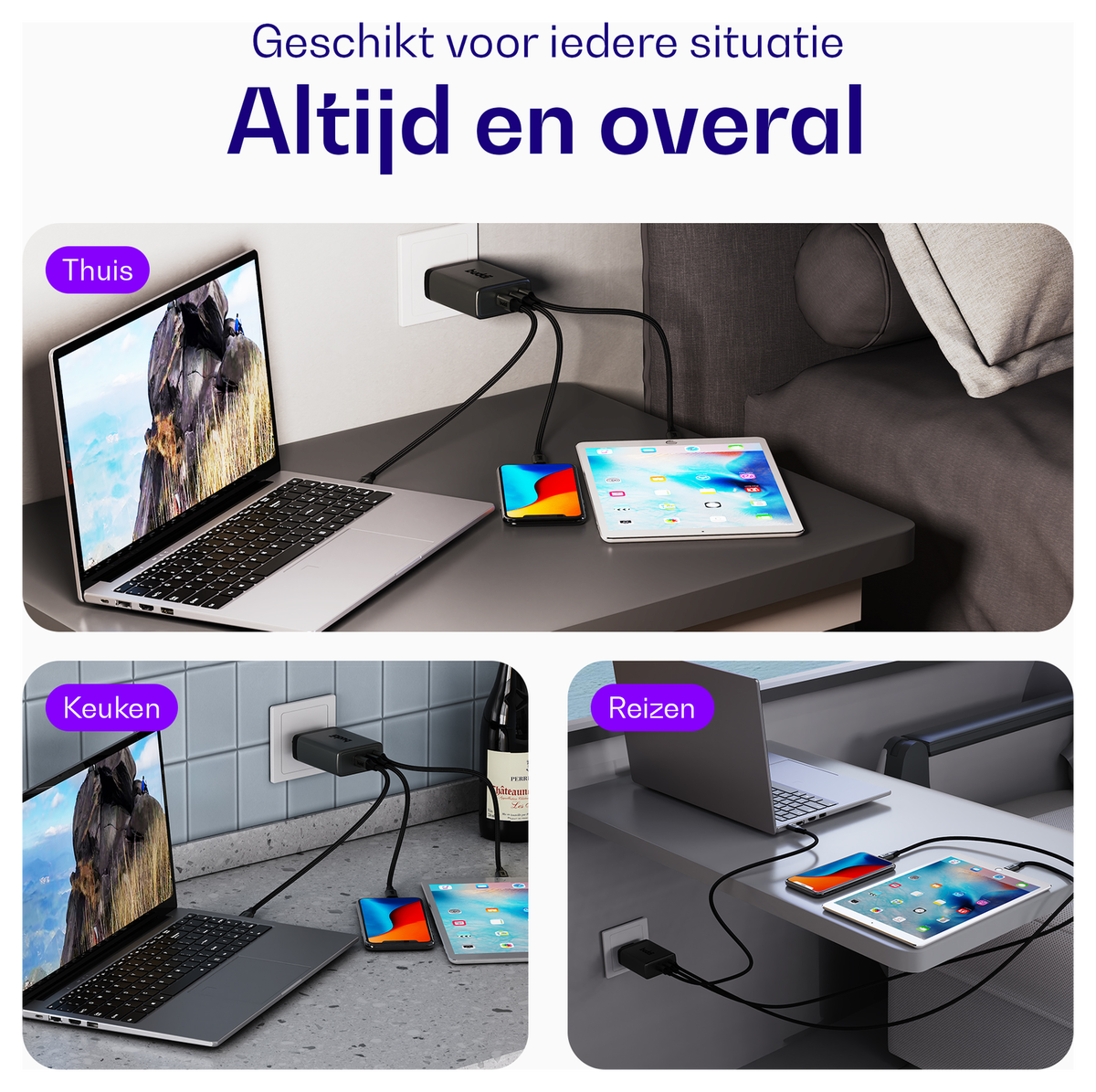 Buddi Power 100W 2x USB-C + USB-A Oplader met USB-C Kabel 1M Grijs afbeelding 5