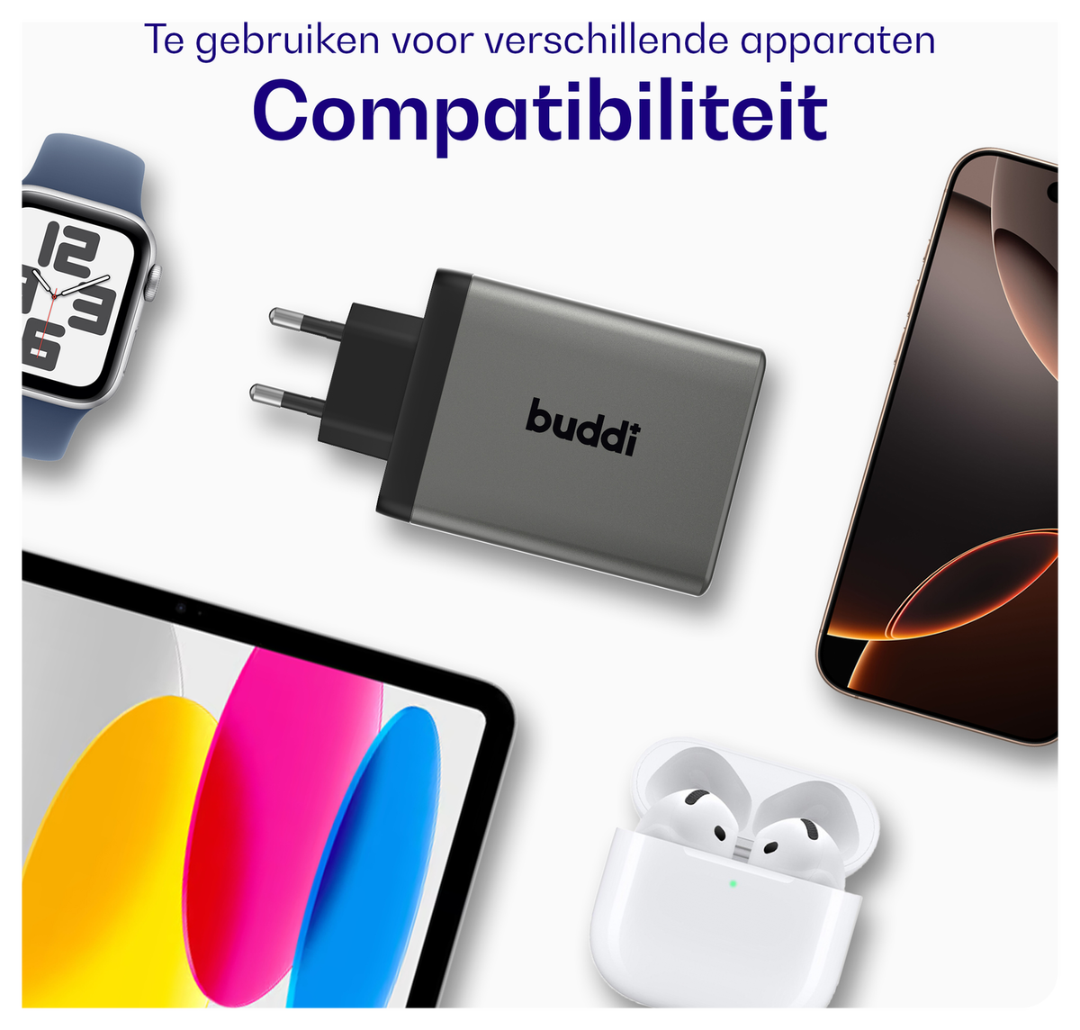 Buddi Power 100W 2x USB-C + USB-A Oplader met USB-C Kabel 1M Grijs afbeelding 6