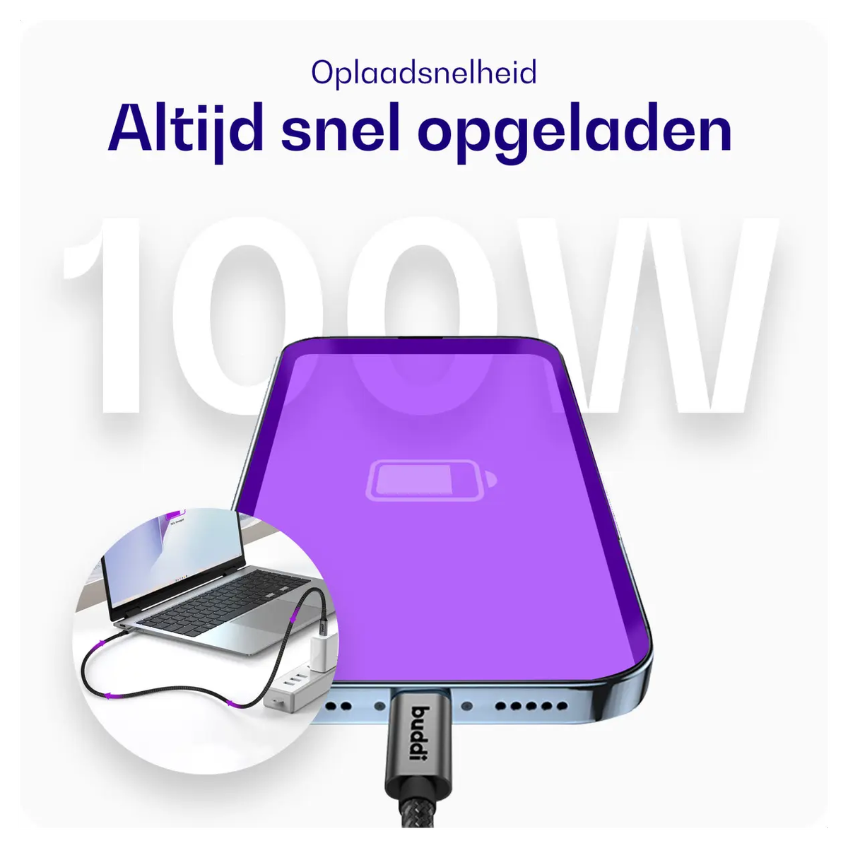 Buddi Power 100W 2x USB-C + USB-A Oplader met USB-C Kabel 1M Grijs afbeelding 9