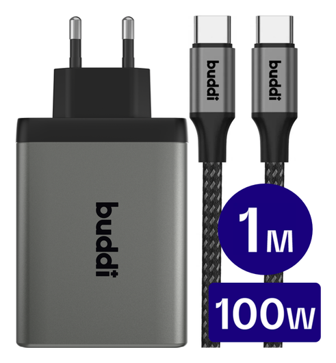 Buddi Power 100W 2x USB-C + USB-A Oplader met USB-C Kabel 1M Grijs afbeelding 1