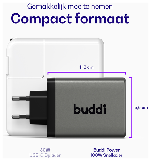 Buddi Power 100W 2x USB-C + USB-A Oplader met USB-C Kabel 1M Grijs afbeelding 4