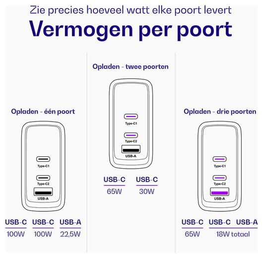 Buddi Power 100W 2x USB-C + USB-A Oplader met USB-C Kabel 1M Grijs afbeelding 7