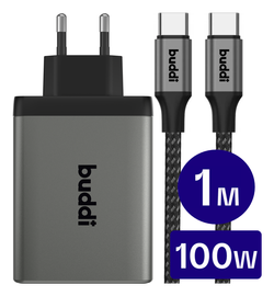 Buddi Power 100W 2x USB-C + USB-A Oplader met USB-C Kabel 1M Grijs