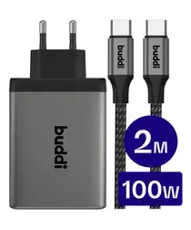 Buddi Power 100W 2x USB-C + USB-A Oplader met USB-C Kabel 2M Grijs afbeelding