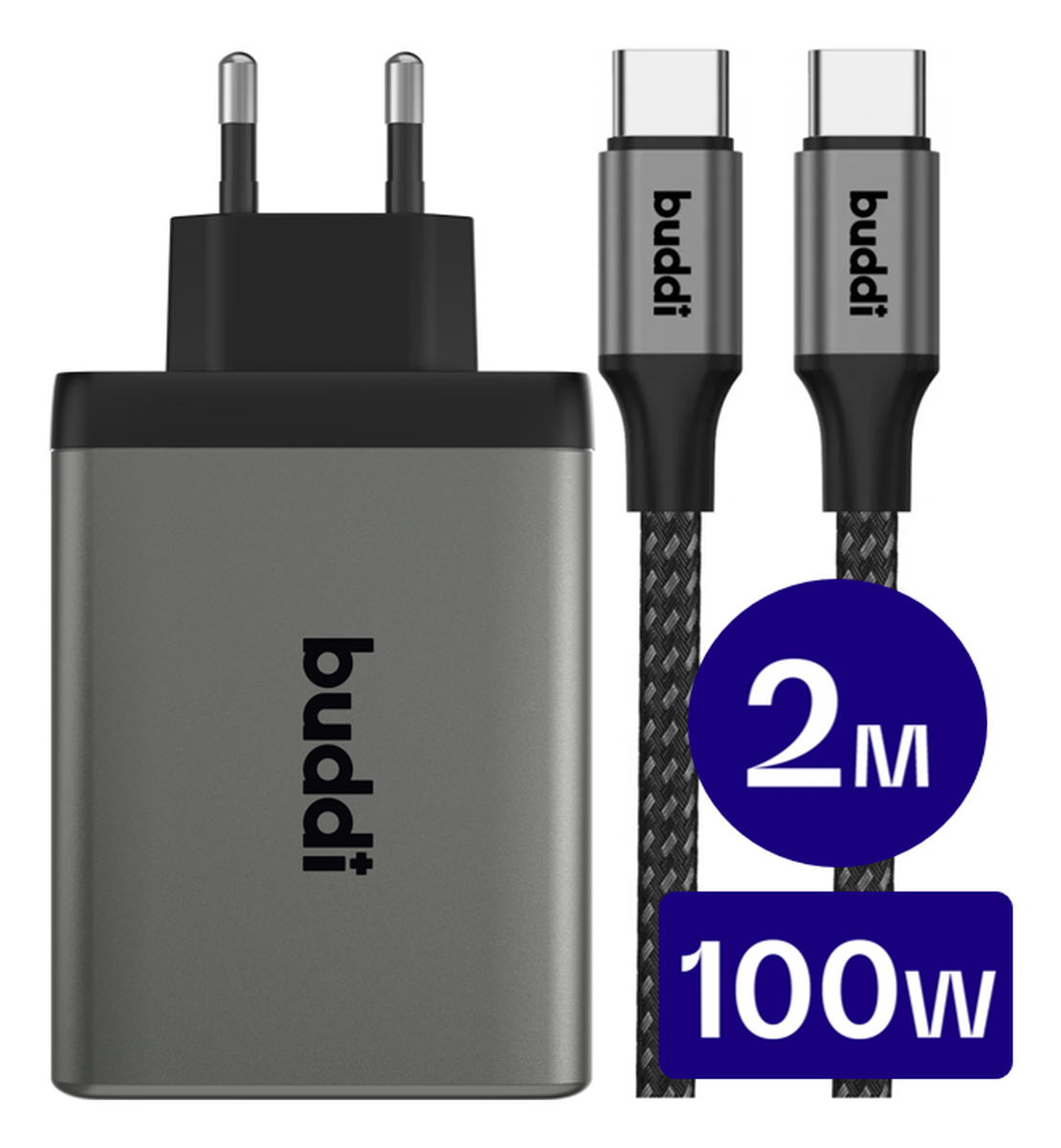 Buddi Power 100W 2x USB-C + USB-A Oplader met USB-C Kabel 2M Grijs afbeelding 1