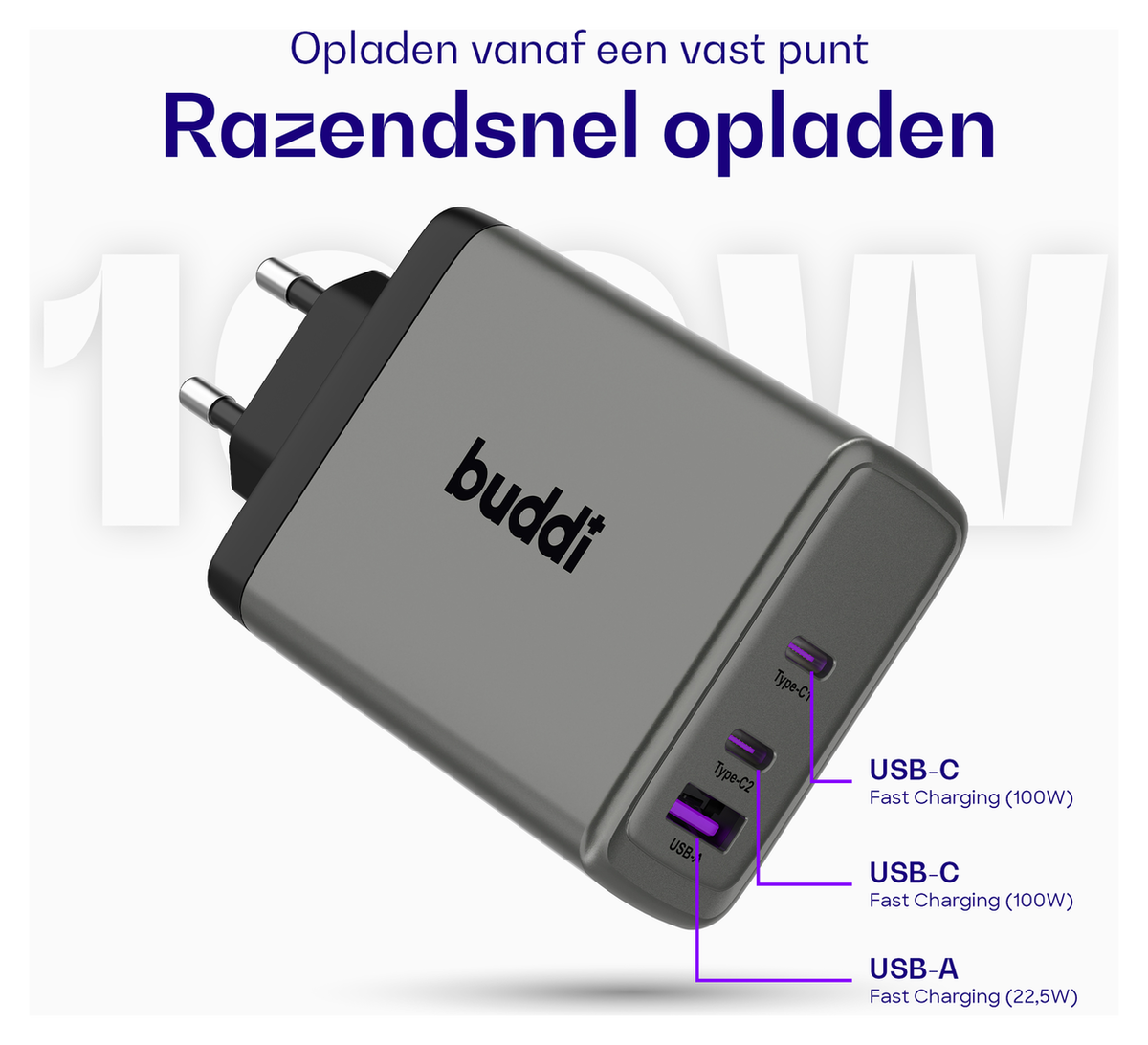 Buddi Power 100W 2x USB-C + USB-A Oplader met USB-C Kabel 2M Grijs afbeelding 3