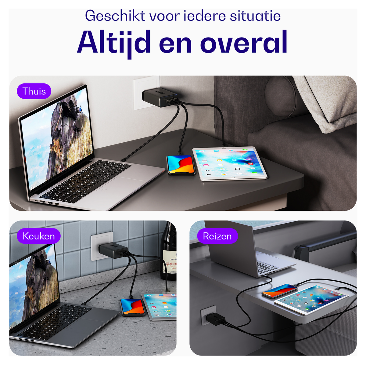 Buddi Power 100W 2x USB-C + USB-A Oplader met USB-C Kabel 2M Grijs afbeelding 5