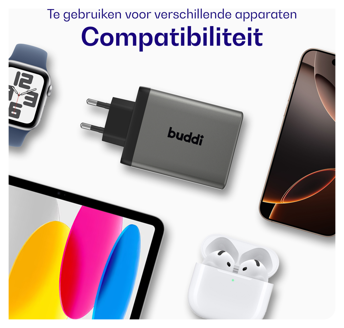 Buddi Power 100W 2x USB-C + USB-A Oplader met USB-C Kabel 2M Grijs afbeelding 6