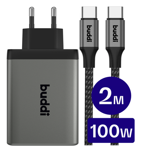 Buddi Power 100W 2x USB-C + USB-A Oplader met USB-C Kabel 2M Grijs afbeelding 1