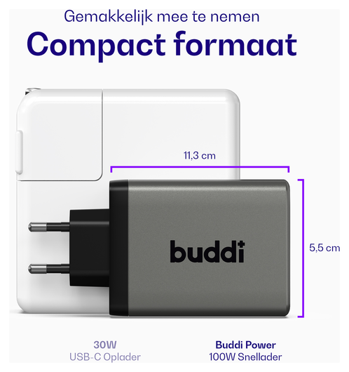 Buddi Power 100W 2x USB-C + USB-A Oplader met USB-C Kabel 2M Grijs afbeelding 4