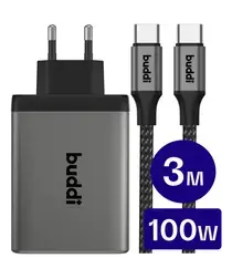 Buddi Power 100W 2x USB-C + USB-A Oplader met USB-C Kabel 3M Grijs afbeelding