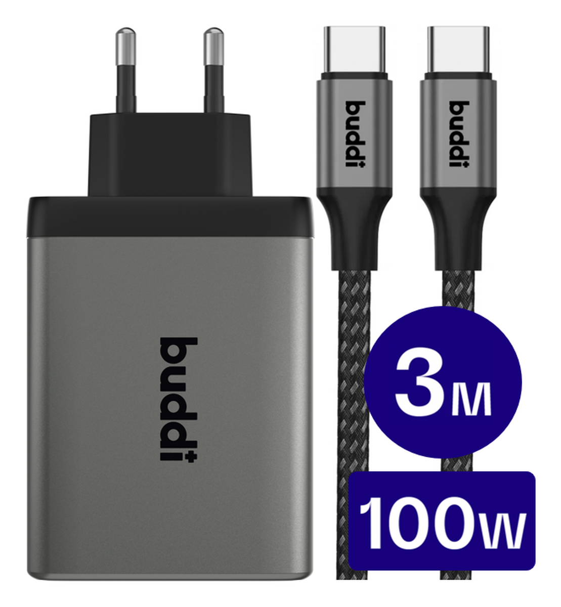 Buddi Power 100W 2x USB-C + USB-A Oplader met USB-C Kabel 3M Grijs afbeelding 1
