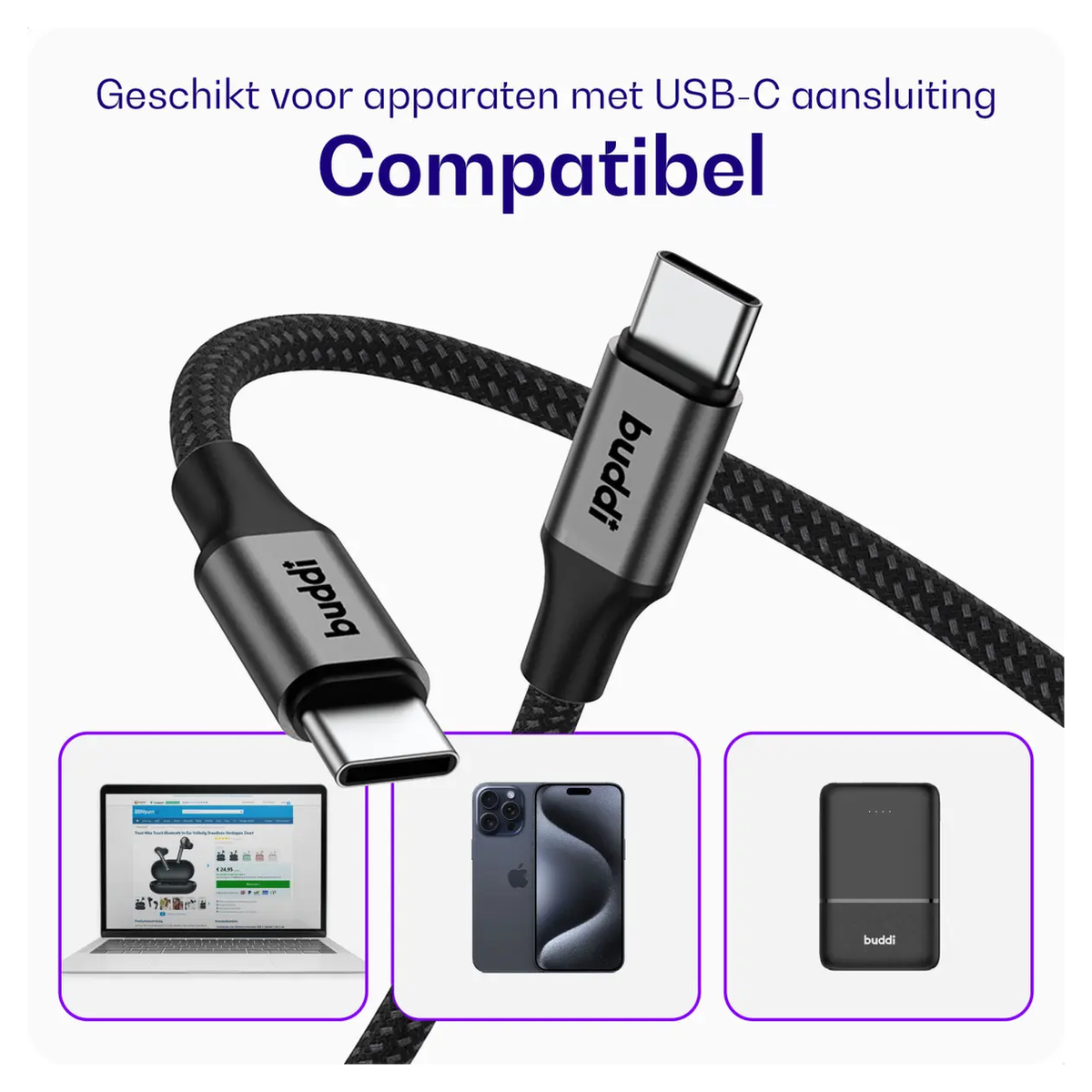 Buddi Power 100W 2x USB-C + USB-A Oplader met USB-C Kabel 3M Grijs afbeelding 11