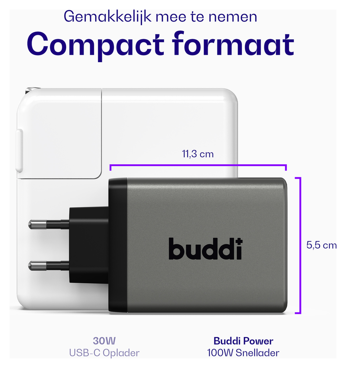 Buddi Power 100W 2x USB-C + USB-A Oplader met USB-C Kabel 3M Grijs afbeelding 4