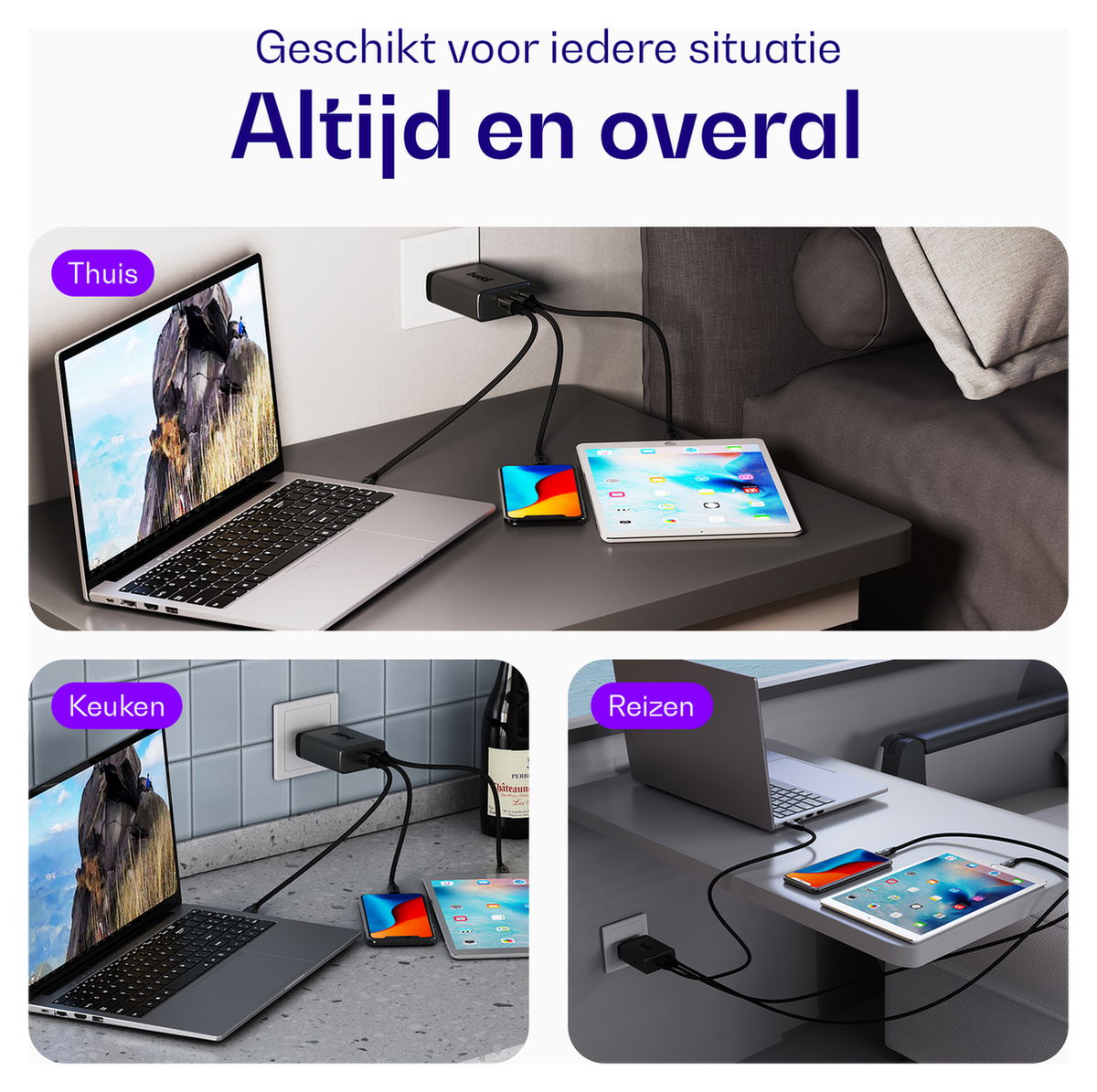 Buddi Power 100W 2x USB-C + USB-A Oplader met USB-C Kabel 3M Grijs afbeelding 5