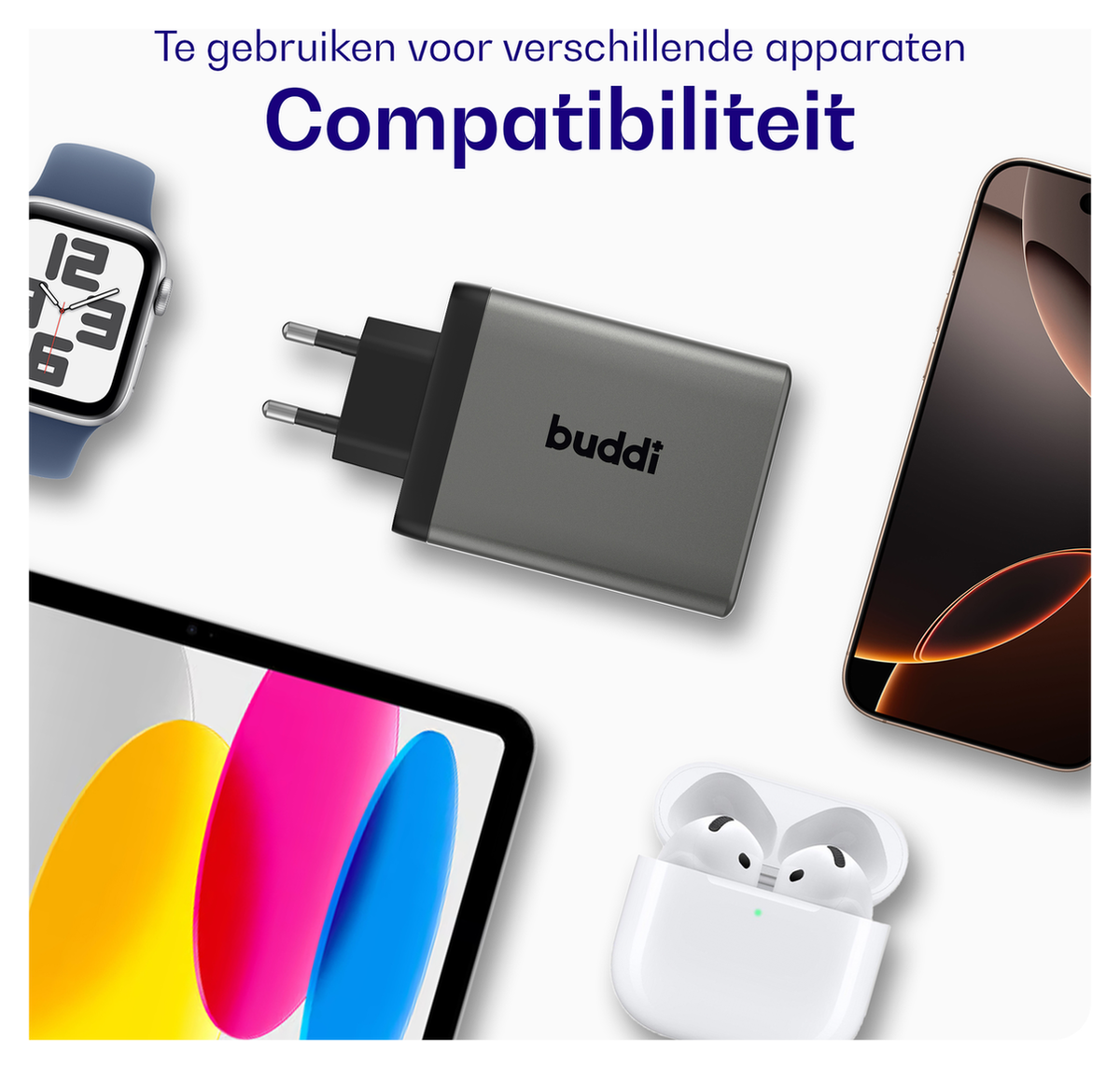 Buddi Power 100W 2x USB-C + USB-A Oplader met USB-C Kabel 3M Grijs afbeelding 6