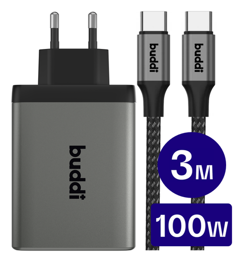 Buddi Power 100W 2x USB-C + USB-A Oplader met USB-C Kabel 3M Grijs afbeelding 1
