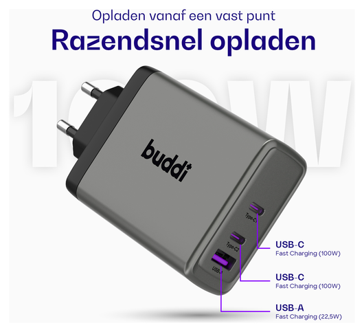 Buddi Power 100W 2x USB-C + USB-A Oplader met USB-C Kabel 3M Grijs afbeelding 3