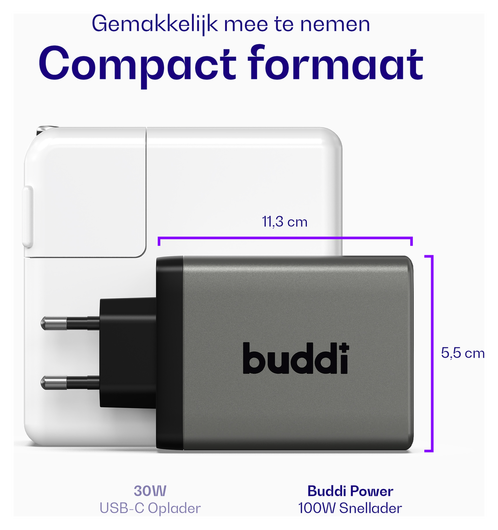 Buddi Power 100W 2x USB-C + USB-A Oplader met USB-C Kabel 3M Grijs afbeelding 4