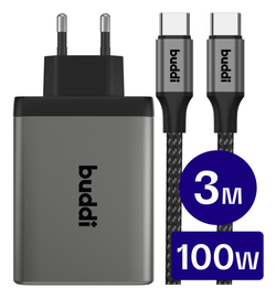Buddi Power 100W 2x USB-C + USB-A Oplader met USB-C Kabel 3M Grijs