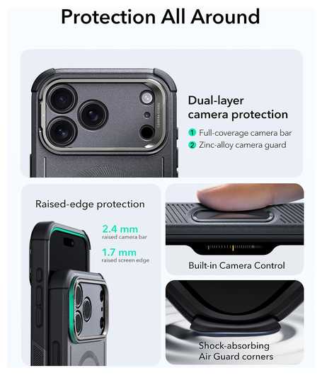 ESR Cyber Tough iPhone 17 Pro Hoesje Stand MagSafe Back Cover Grijs afbeelding 3