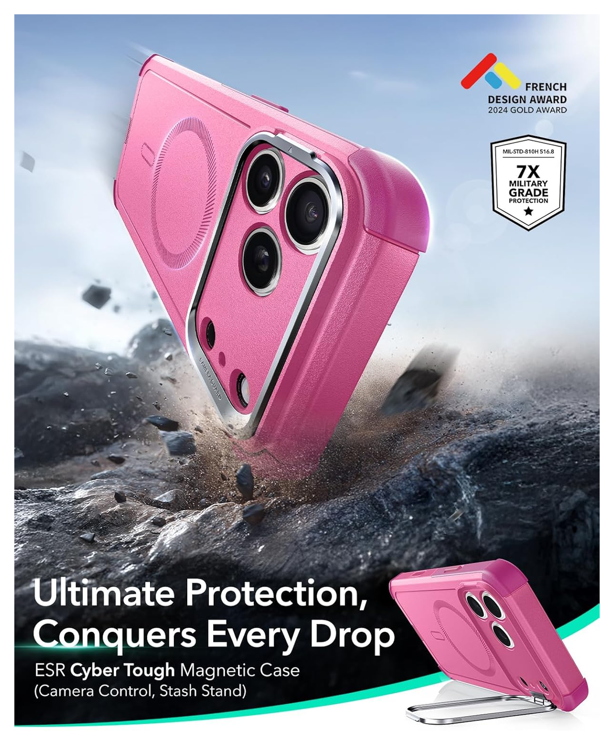 ESR Cyber Tough iPhone 17 Pro Hoesje Stand MagSafe Back Cover Roze afbeelding 2
