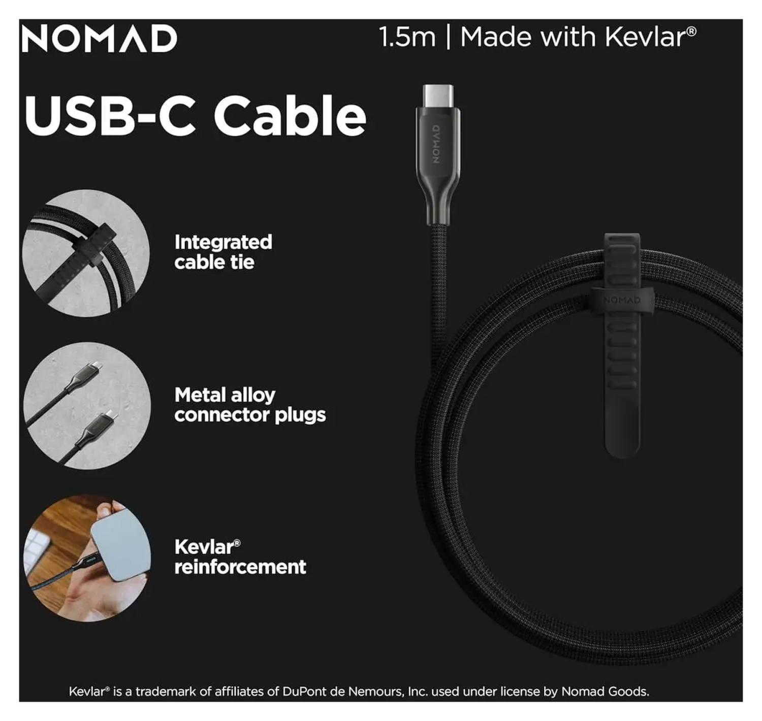 Nomad Kevlar USB-C naar USB-C Kabel 240W Power Delivery Fast Charge 1.5M Wit afbeelding 4