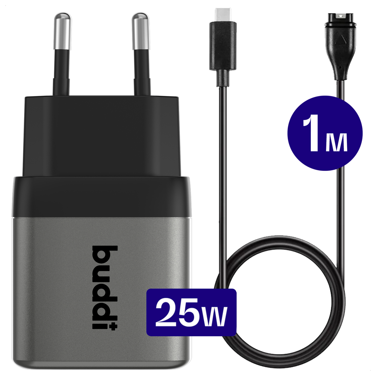 Buddi Power 25W Adapter met Garmin Watch Oplader 1M Zwart afbeelding 1