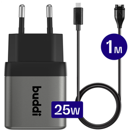 Buddi Power 25W Adapter met Garmin Watch Oplader 1M Zwart