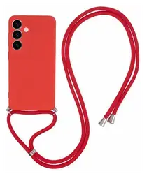 Samsung S24 Hoesje met Koord en Camera Bescherming Back Cover Rood afbeelding