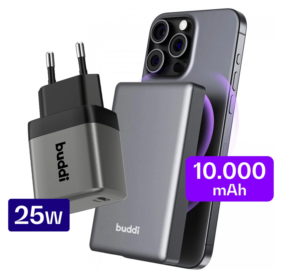 Buddi Connect 10.000 mAh MagSafe Powerbank 20W met 25W Oplader Zwart afbeelding 1