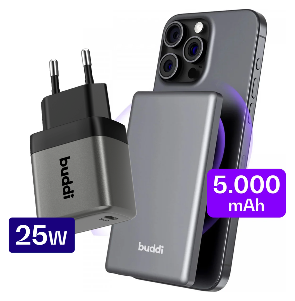 Buddi Connect 5.000 mAh MagSafe Powerbank 20W met 25W Oplader Zwart afbeelding 1